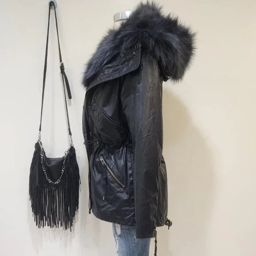 💥STUNNING!💥SAM. VTG 100% SILVER FOX FUR HOOD/PARTiAL LINING/TRIM BLACK PARKA - Picture 9 of 16
